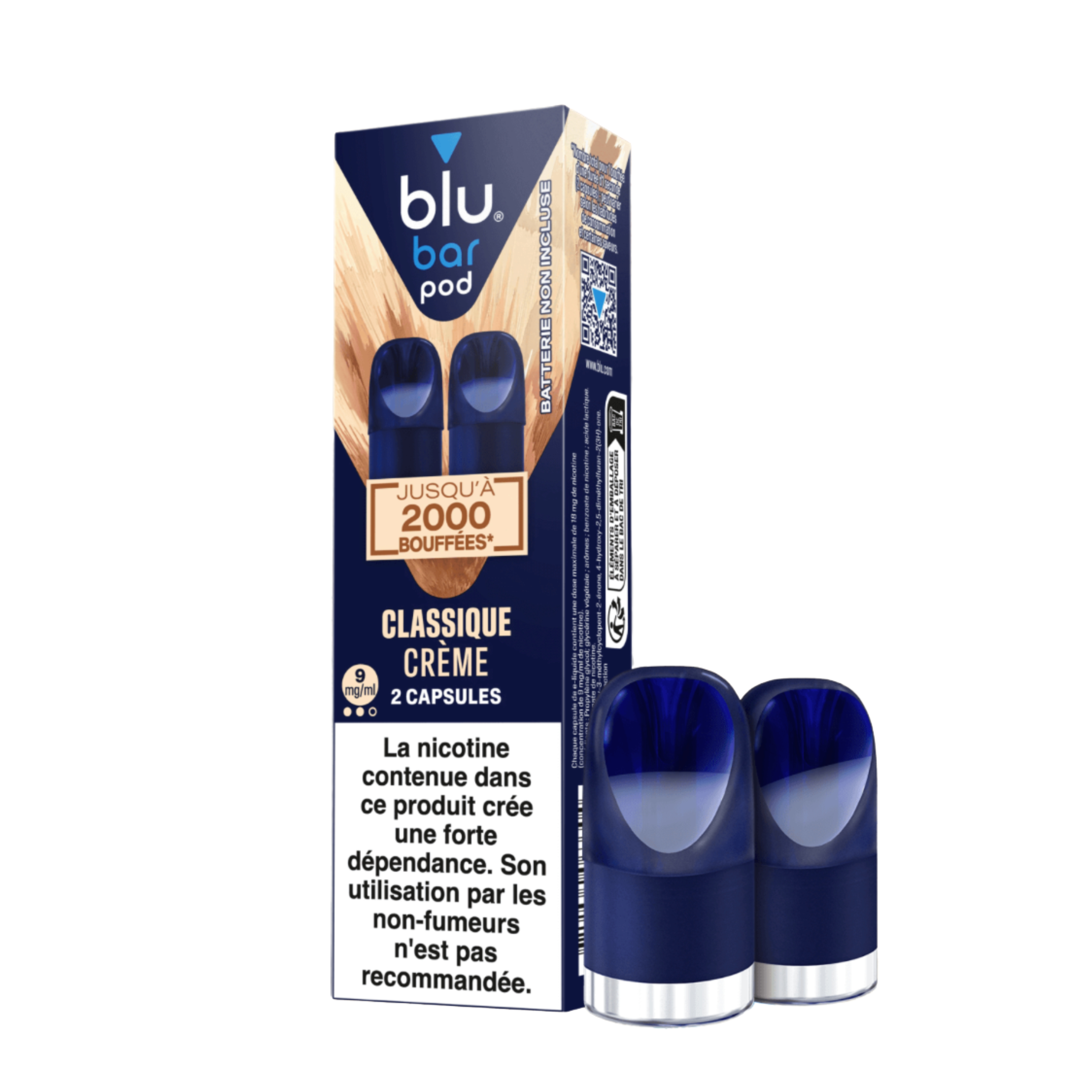Image du kit Blu Bar Classique Crème, composé de deux pods de 2 ml avec 9 mg/ml de nicotine. Le fond est blanc.