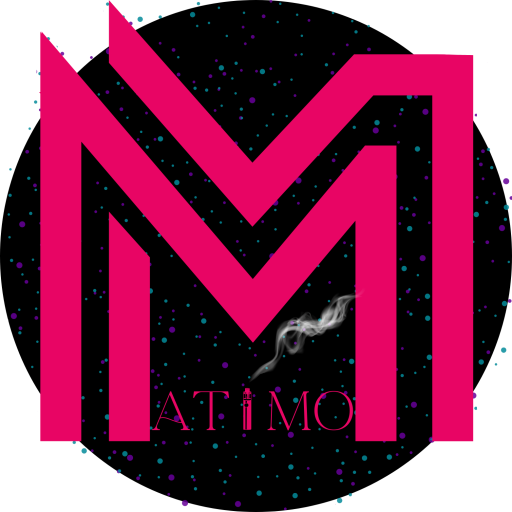 Logo du Tabac Matimo. Un grand M rose surplombant un cercle noir. Les lettres Matimo écrites en roses avec une cigarette électronique crachant de la fumée à la place du I.