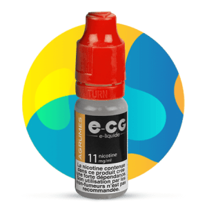 Bouteille de e-liquide E-CG Agrumes 11 mg/ml de nicotine - Flacon de 10 ml avec bouchon sécurisé. E-liquide au mélange d’agrumes acidulés, idéal pour une vape fruitée et rafraîchissante. Composition 75% PG / 25% VG pour un hit prononcé et une restitution optimale des saveurs.