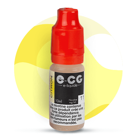 Bouteille de e-liquide E-CG Citron 11 mg/ml de nicotine - Flacon de 10 ml avec bouchon sécurisé. E-liquide au goût intense de citron, idéal pour une vape fruitée et acidulée. Composition 75% PG / 25% VG pour un hit marqué et une restitution optimale des saveurs.