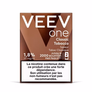 Pack de 2 cartouches VEEV One Classic Tobacco 18 mg/ml, saveur tabac classique authentique et équilibrée.