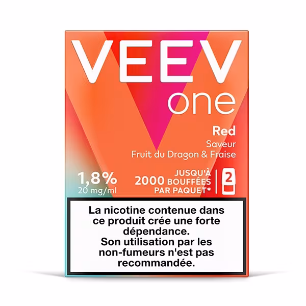 Pack de 2 cartouches VEEV One Red 18 mg/ml, saveur fruitée aux accents rouges pour une expérience intense.