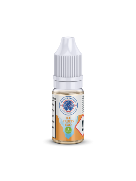Flacon de e-liquide Ice Fruits Exo 10 ml – Le Nuage Français. Saveur fruitée et fraîche aux fruits exotiques avec une touche mentholée. Disponible en 0, 3, 6 et 12 mg/ml. PG/VG 50/50.