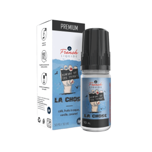 Bouteille de e-liquide La Chose 10 ml - Le French Liquide. Saveur gourmande mêlant café, fruits à coque, vanille et caramel beurre salé. Disponible en plusieurs taux de nicotine. Composition 50% PG / 50% VG.