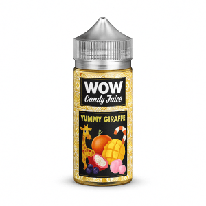 Flacon de e-liquide Yummy Giraffe 100ml de la marque WOW Candy Juice – arômes fruités et sucrés à base de mangue, banane, bonbons et guimauve, flacon transparent avec bouchon sécurisé et étiquette jaune au design exotique et coloré, e-liquide pour cigarette électronique sur fond blanc.