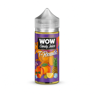Flacon de e-liquide T-Rexotic 100ml de la marque WOW Candy Juice – saveur exotique mêlant mangue, ananas, agrumes et bonbons, flacon transparent avec bouchon sécurisé, étiquette violette au design fun avec dinosaure illustré, e-liquide pour cigarette électronique sur fond blanc.