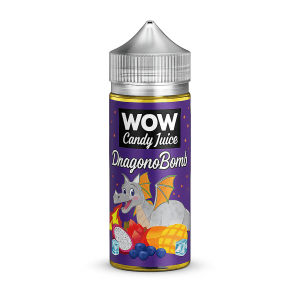 Flacon de e-liquide DragonoBomb 100ml de la marque WOW Candy Juice – arômes fruités et exotiques à base de fruit du dragon, mangue, myrtilles et fraîcheur glacée, flacon transparent avec bouchon sécurité enfant, étiquette violette illustrée d’un dragon, e-liquide pour cigarette électronique sur fond blanc et format carré.