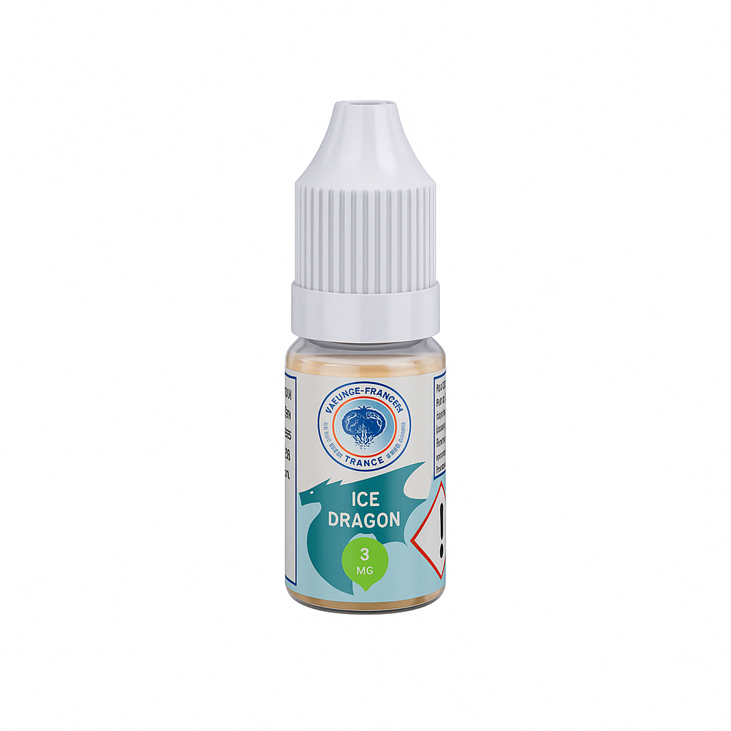 Flacon de e-liquide Ice Dragon 10ml de la marque Le Nuage Français – saveur fraîche intense à l’effet mentholé, dosage nicotine 3 mg, flacon avec bouchon sécurité enfant et pictogramme de danger, liquide pour cigarette électronique.