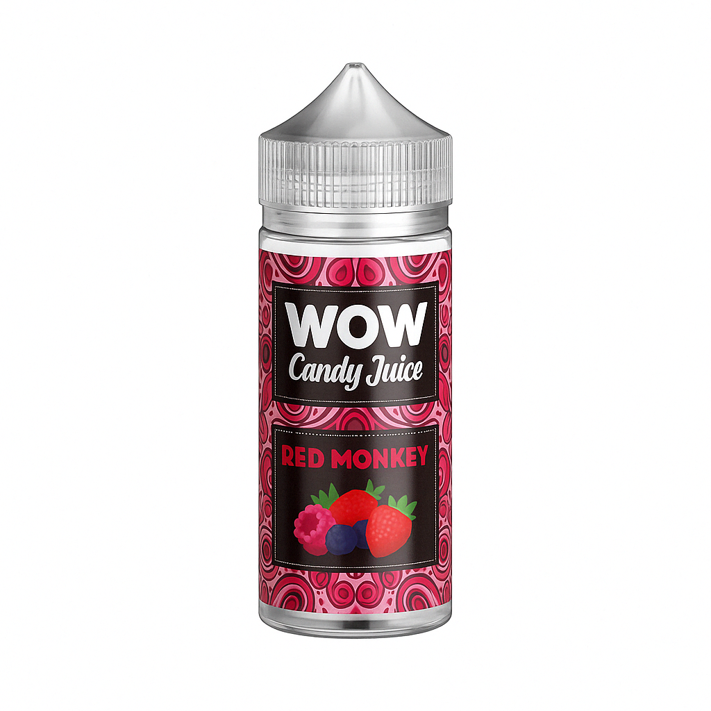 Flacon de e-liquide Red Monkey 100ml de la marque Made in Vape gamme WOW Candy Juice – saveur sucrée de fruits rouges avec des notes de bonbon, grand format avec bouchon sécurisé, design coloré et fruité sur fond blanc, e-liquide pour cigarette électronique.