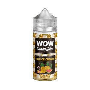 Flacon de e-liquide Dulce Croco 100ml de la marque WOW Candy Juice – saveur exotique et sucrée avec ananas, pomme, pastèque et bonbons, flacon grand format avec bouchon sécurisé, étiquette colorée au design tropical, liquide pour cigarette électronique sur fond blanc.