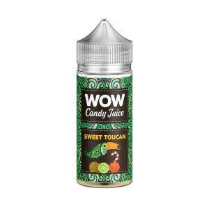 Flacon de e-liquide Sweet Toucan 100ml de la marque WOW Candy Juice – saveur fruitée et sucrée à base de kiwi, citron vert, clémentine et bonbon, flacon transparent avec bouchon sécurisé et étiquette tropicale verte, e-liquide pour cigarette électronique sur fond blanc.