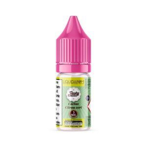 Flacon de e-liquide Cactus Citron Vert 10ml de la gamme Tasty Collection par Liquidarom – saveur originale et acidulée, mélange de cactus et de citron vert, dosage nicotine 3 mg, flacon avec bouchon rose sécurisé, étiquette verte certifiée AFNOR, e-liquide pour cigarette électronique sur fond blanc.