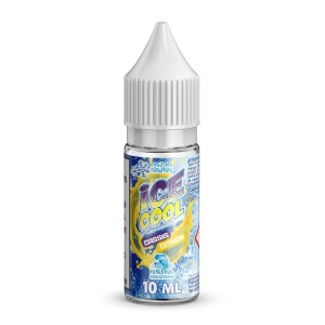 Flacon de e-liquide Ice Cool Cassis Citron 10ml par Liquidarom – saveur fruitée et fraîche mêlant cassis acidulé et citron zesté, design bleu et jaune avec effets givrés, bouchon blanc sécurité enfant, sur fond blanc, destiné à la vape.