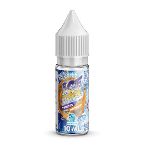 Flacon de e-liquide Ice Cool Cassis Mangue 10ml par Liquidarom – mélange fruité intense de cassis et mangue avec une touche de fraîcheur, design givré bleu et orange, bouchon blanc sécurité enfant, présenté sur fond blanc.