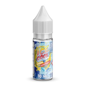 Flacon de e-liquide Ice Cool Citron Pastèque 10ml par Liquidarom – saveur fraîche et fruitée mêlant citron acidulé et pastèque juteuse, bouchon blanc sécurisé, étiquette colorée bleu, jaune et rouge avec effets givrés, e-liquide pour cigarette électronique, fond blanc.