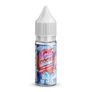 Flacon de e-liquide Ice Cool Extra Fruits Rouges 10ml par Liquidarom – mélange givré et intense de fruits rouges, design bleu et rouge avec effet glace, bouchon blanc sécurisé, pour cigarette électronique, fond blanc.