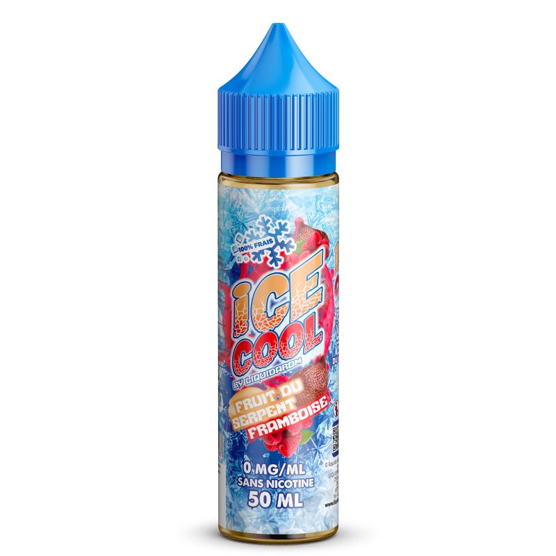E-liquide Ice Cool Fruit du Serpent Framboise en flacon de 50 ml, visuel givré avec fruits rouges exotiques, saveur intense et fraîche, sans nicotine