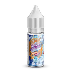 Flacon de e-liquide Ice Cool Pêche Raisin 10ml par Liquidarom – arôme fruité et frais combinant la douceur de la pêche à l’acidité du raisin, bouchon blanc sécurisé, design givré bleu sur fond blanc.