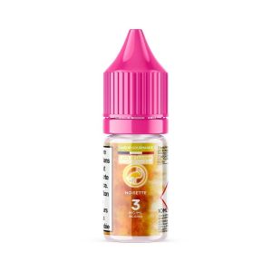 Flacon de e-liquide Noisette 10ml de la marque Liquidarom – saveur gourmande et douce de noisette grillée, dosage nicotine 3 mg, flacon avec bouchon rose sécurisé, étiquette dorée certifiée AFNOR, e-liquide pour cigarette électronique sur fond blanc.