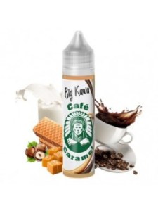E-liquide Big Kawa saveur Café Caramel en flacon de 50 ml, présenté avec tasse de café, caramel, noisettes, gaufrette et lait, design inspiré coffee shop