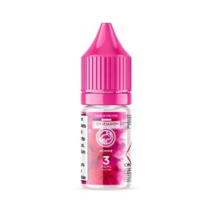 Flacon de e-liquide Pomme 10ml de la marque Liquidarom – arôme fruité et acidulé de pomme, dosage nicotine 3 mg, ratio PG/VG 70/30, flacon avec bouchon rose sécurisé, étiquette rose certifiée AFNOR, e-liquide pour cigarette électronique sur fond blanc.