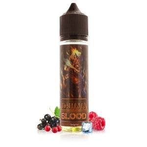 E-liquide Djinn Blood par O’Juicy en flacon de 50 ml, design enflammé avec personnage démoniaque, accompagné de fruits rouges, cassis, menthol et glaçon