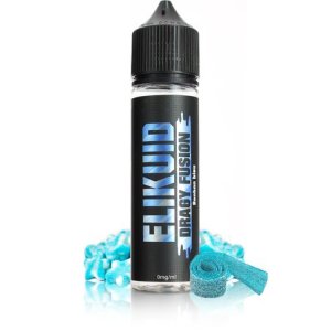 E-liquide Dragy Fusion par Elikuid en flacon de 50 ml, décoré de bonbons bleus acidulés, goût bonbon dragibus bleu avec note sucrée et pétillante