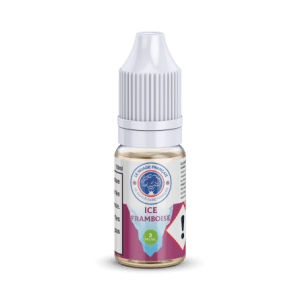 Flacon de e-liquide Ice Framboise 10ml de la marque Le Nuage Français – arôme frais et fruité à la framboise glacée, dosage nicotine 3 mg, flacon équipé d’un bouchon sécurité enfant et pictogramme de danger, liquide pour cigarette électronique.