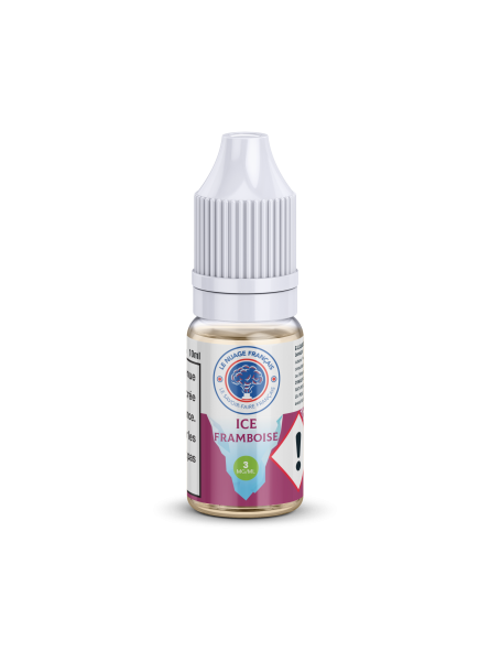 Flacon de e-liquide Ice Framboise 10ml de la marque Le Nuage Français – arôme frais et fruité à la framboise glacée, dosage nicotine 3 mg, flacon équipé d’un bouchon sécurité enfant et pictogramme de danger, liquide pour cigarette électronique.