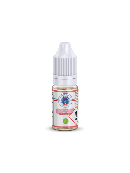 Flacon de e-liquide Bubble Gum 10ml de la marque Le Nuage Français – arôme sucré de chewing-gum, dosage nicotine 3 mg, flacon sécurisé avec bouchon enfant et pictogramme de danger, liquide pour cigarette électronique.