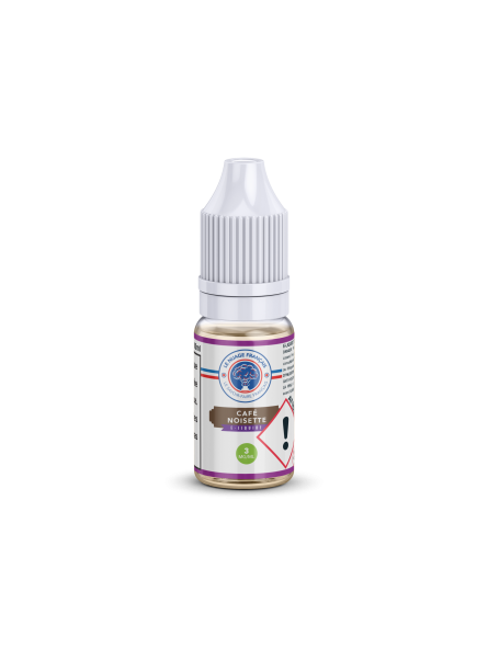 Flacon de e-liquide Café Noisette 10ml de la marque Le Nuage Français – arôme gourmand café noisette, dosage nicotine 3 mg, flacon avec bouchon sécurité enfant et pictogramme de danger, e-liquide pour cigarette électronique.