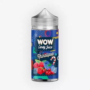 Flacon de e-liquide Rhinolipop 100ml de la marque WOW Candy Juice – saveur fruitée et sucrée aux fruits rouges, bonbon et fraîcheur glacée, flacon transparent avec bouchon sécurisé et design ludique illustré d’un dinosaure bleu, e-liquide pour cigarette électronique sur fond blanc.