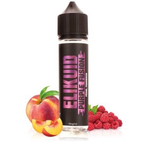 E-liquide Purple Fusion par Elikuid en flacon de 50 ml, illustré avec pêche et framboise, saveur fruitée douce et légèrement acidulée