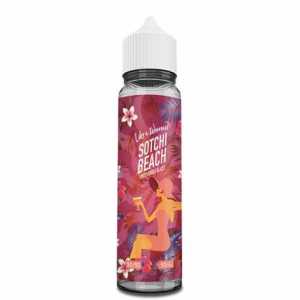E-liquide Sotchi Beach Like A Woman en flacon de 50 ml, étiquette rose et violette avec pin-up relax, saveur glace aux fruits rouges, ratio 50/50, sans nicotine