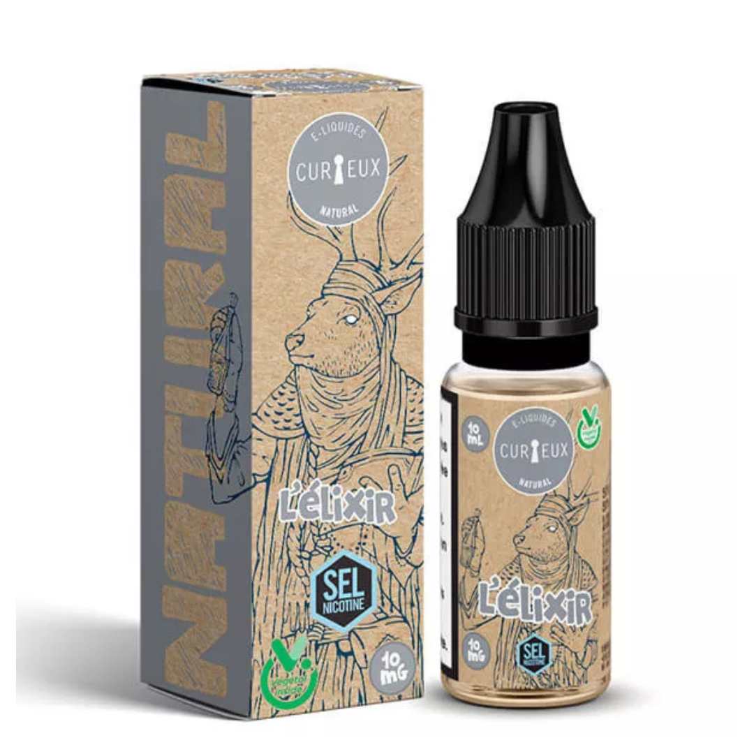 E-liquide Curieux Natural L'Elixir 10 ml, saveur classic blond neutre, base 50 % Végétol / 50 % Glycérine Végétale, disponible en 10 mg, 20 mg de nicotine, fabrication française.