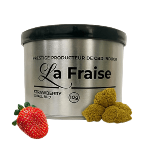 Petites têtes de fleur de CBD Strawberry Small Bud 9% – Prestige CBD07, arôme de fraise sucrée, texture dense et résineuse, aspect vert clair aux reflets orangés.