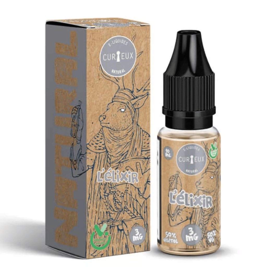 E-liquide Curieux Natural L'Elixir 10 ml, saveur classic blond neutre, base 50 % Végétol / 50 % Glycérine Végétale, disponible en 3 mg, 6 mg, 12 mg de nicotine, fabrication française.