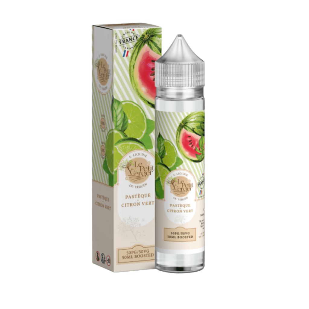 Flacon 50 ml Le Petit Verger Pastèque Citron Vert – saveur pastèque & citron vert, format sans nicotine, ratio 50/50.